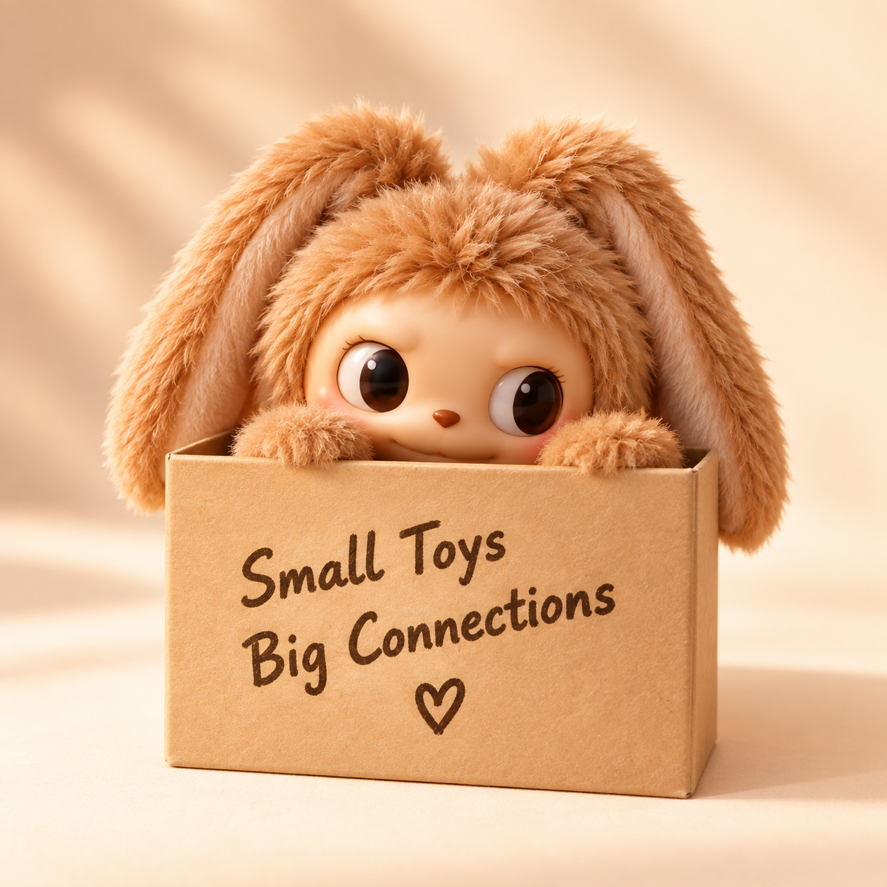 棕色公仔從 Small Toys Big Connections 紙箱探出頭